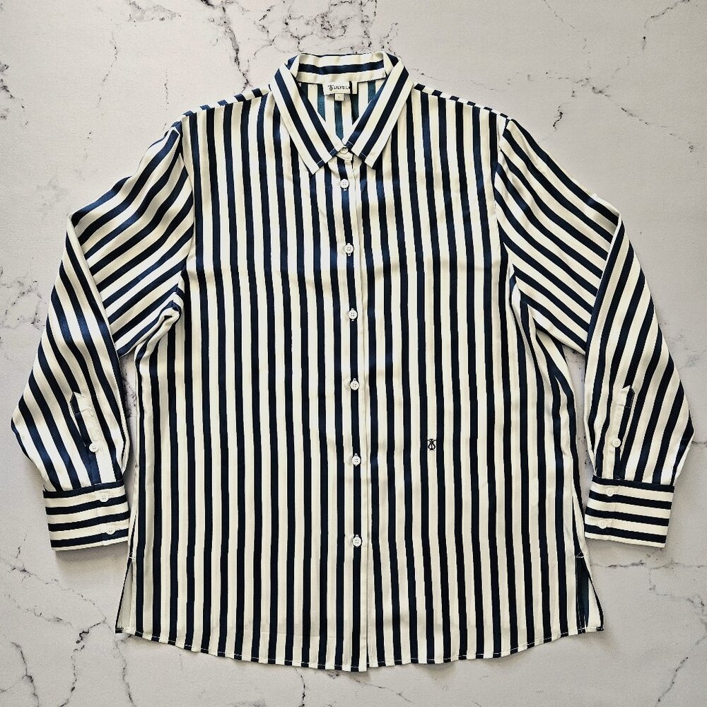 LilySilk Women's The Amalfi Stripe Silk Shirt, L, Blue & White Pinstripe, NWT